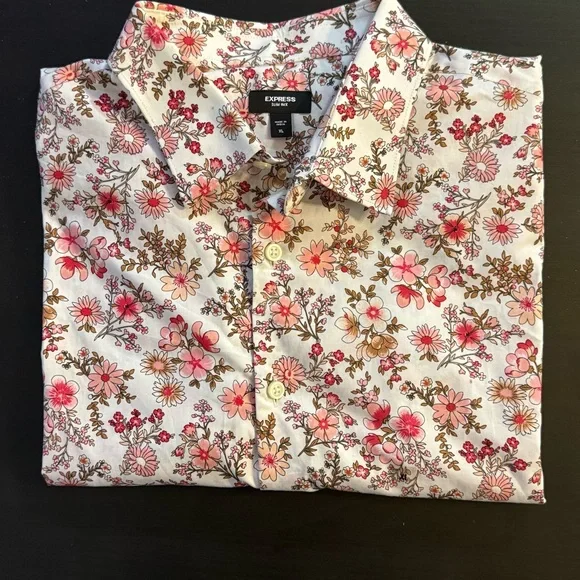 Express Slim 1MX Mens Collared Full Front Button Fitted Dress Shirt White Floral - Picture 4 of 5